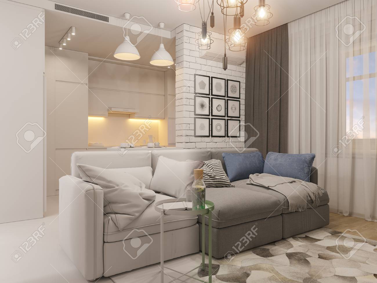 3d Illustration Living Room And Kitchen Interior Design Modern Studio Apartment In The Scandinavian Minimalist Style Ambient Occlusion Stock Photo Picture And Royalty Free Image Image 112438296
