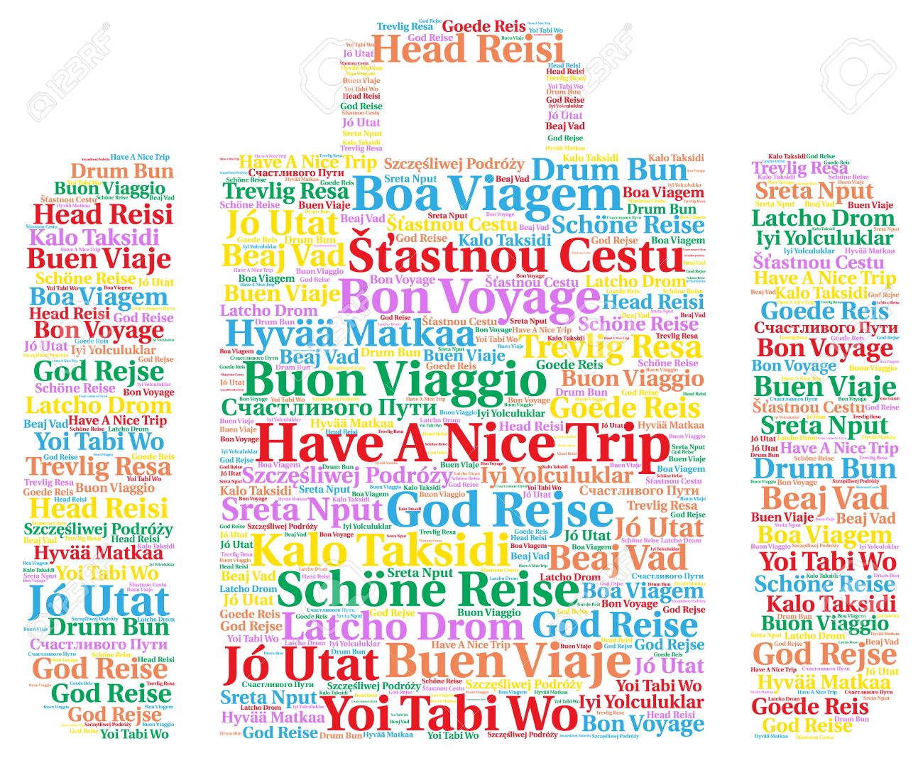 have a nice trip word cloud in different languages stock photo trip word