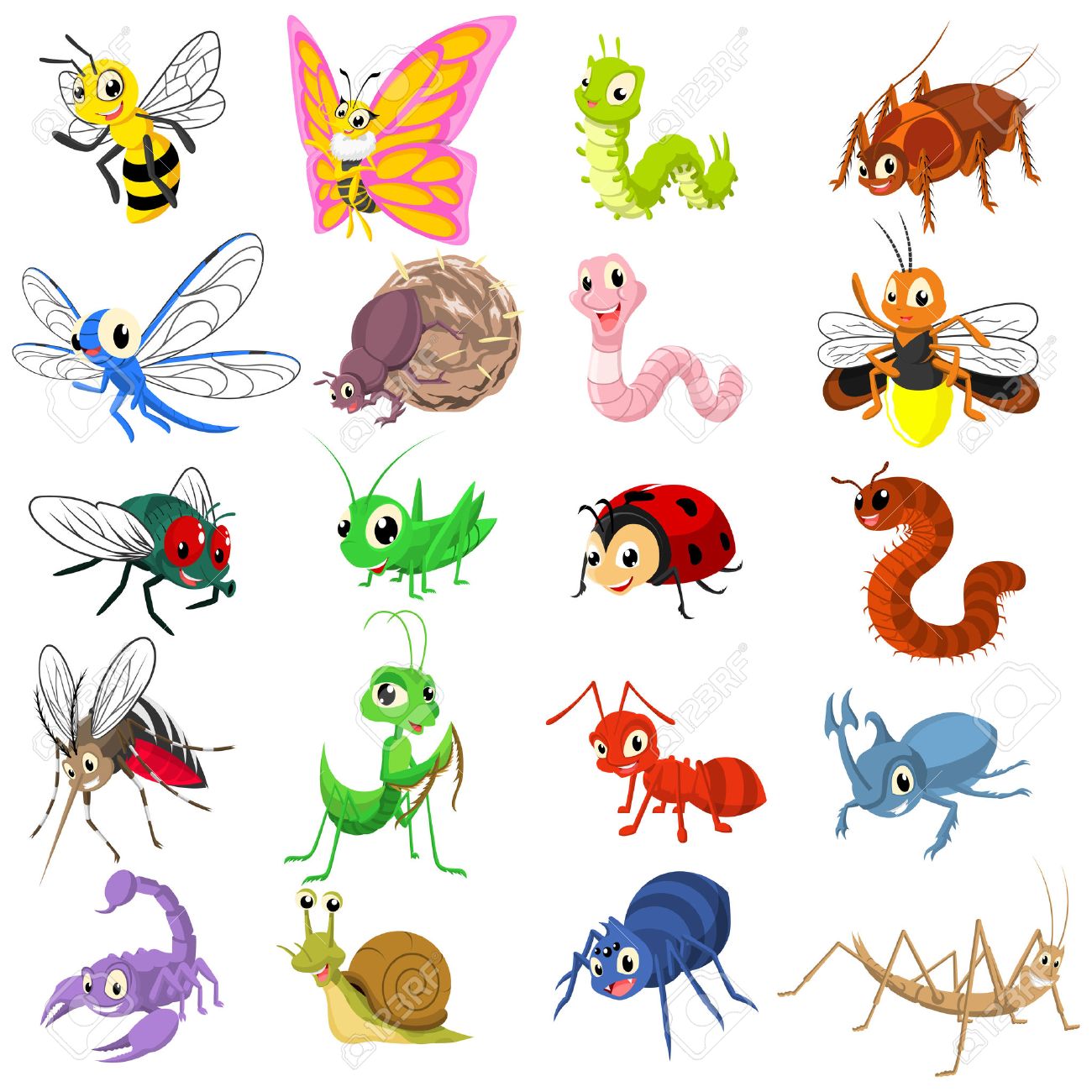 昆虫漫画キャラクターフラットデザインベクターイラストのセットは アリ ハチカビ カブトムシ 蝶 毛虫 トンボ ホタル フライ バッタ てんとう虫 カマキリ ミリペド 蚊 サソリ カタツムリ クモ ワーム スティック昆虫 ダンカブトムシを含みますの