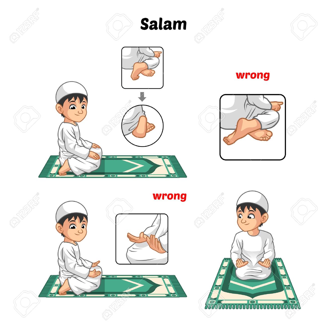 muslim prayer position guide step by step perform by boy salutation
