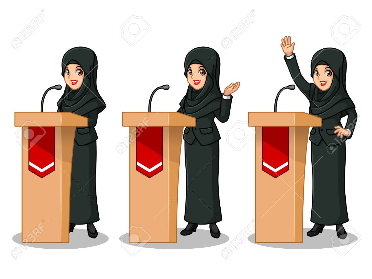 Set Of Businesswoman In Black Suit With Veil Cartoon Character