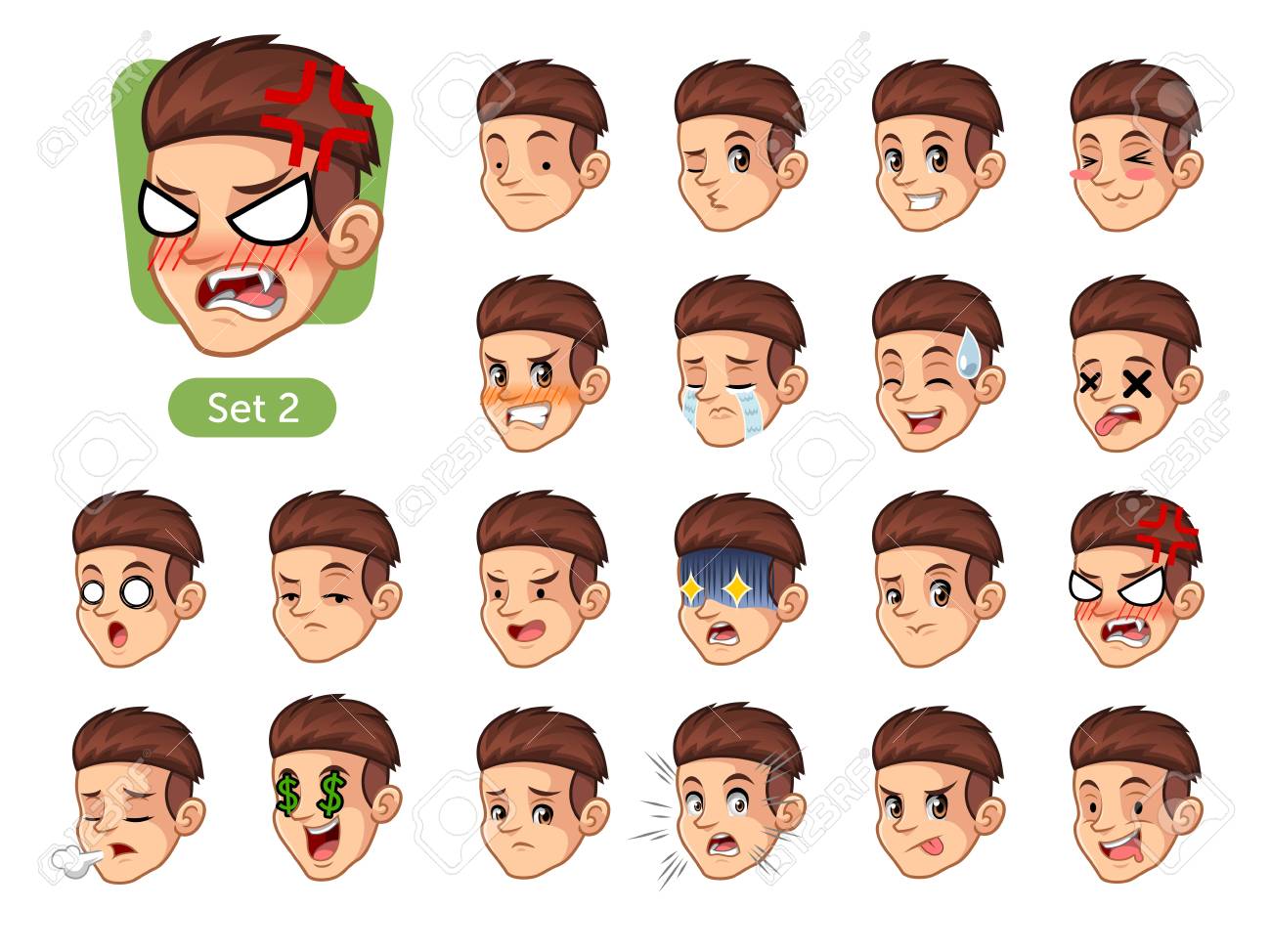 赤い髪と異なる表情を持つ男性の顔の感情漫画のキャラクターデザインの第二セットは 悲しい 疲れた 怒っている 死ぬ 傭兵 失望 ショック おいしい ベクトルイラスト のイラスト素材 ベクタ Image