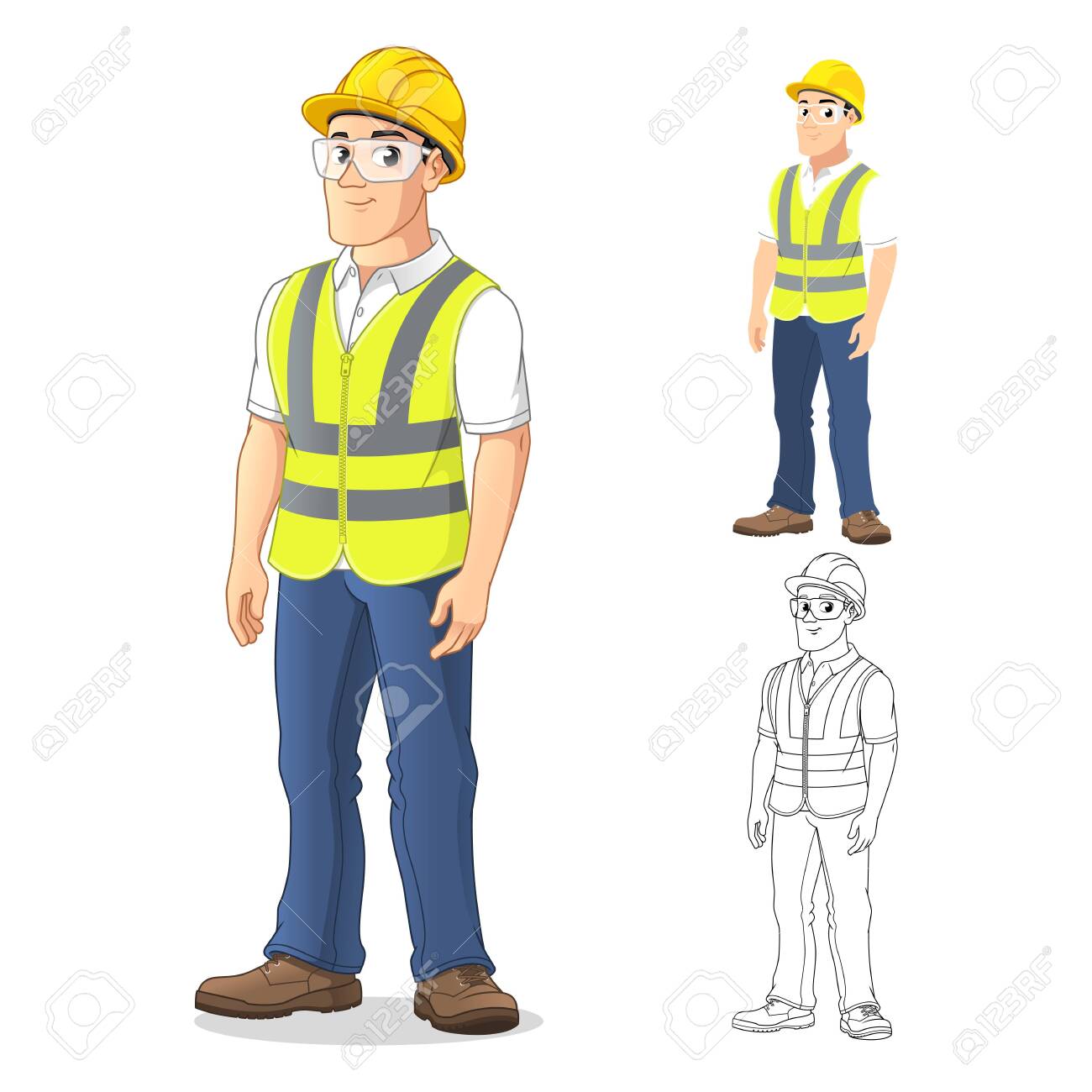 Man with Safety Gear Standing Straight, with His Arms by His Side, Cartoon Character Design, Including Flat and Line Art Designs, Vector Illustration, in Isolated White Background. - 128646044 Man with Safety Gear Standing Straight, with His Arms by His Side, Cartoon Character Design, Including Flat and Line Art Designs, Vector Illustration, in Isolated White Background. - 128646044