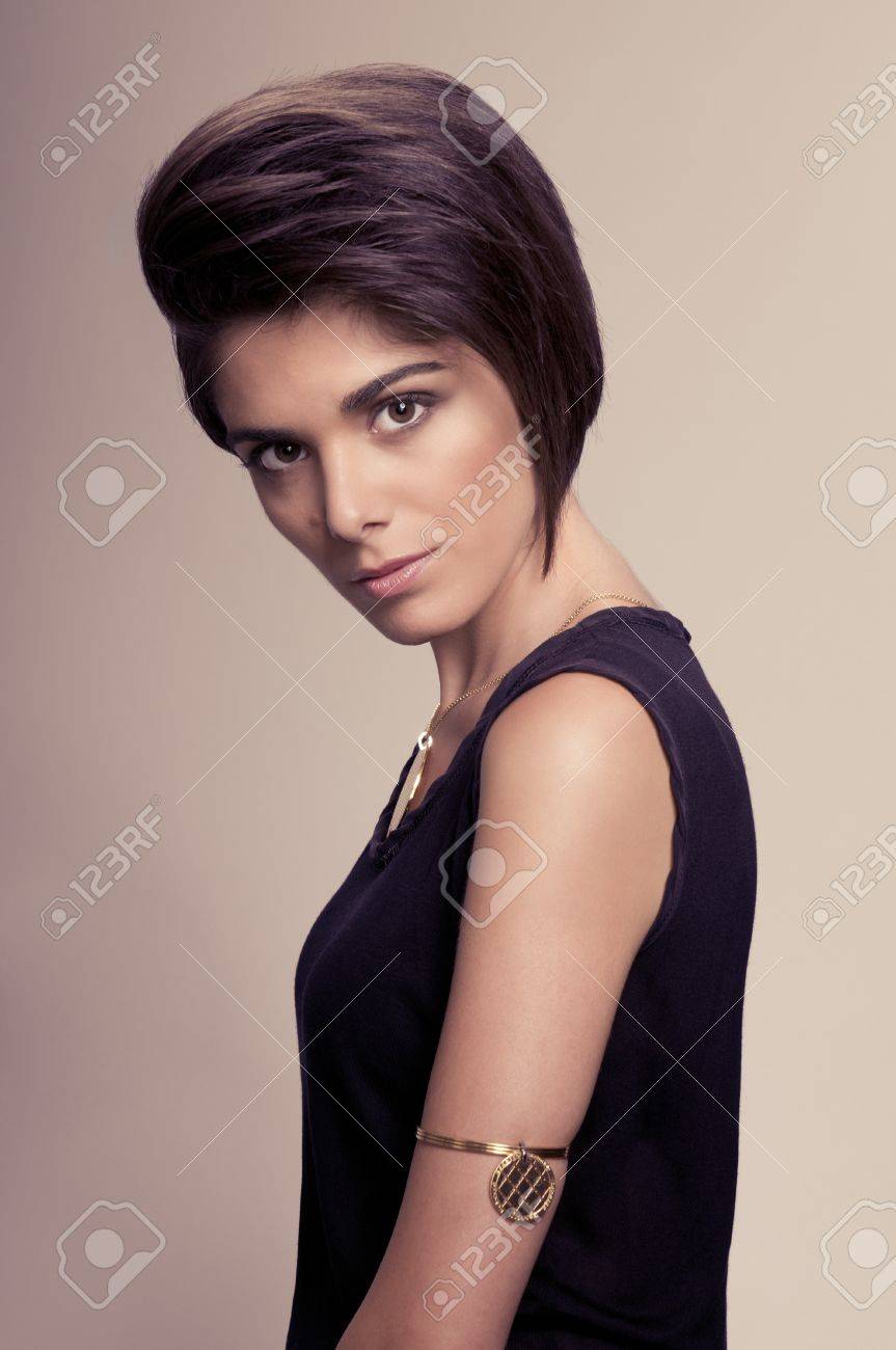 Beautiful Fashion Woman With Straight Short Hairstyle Posing