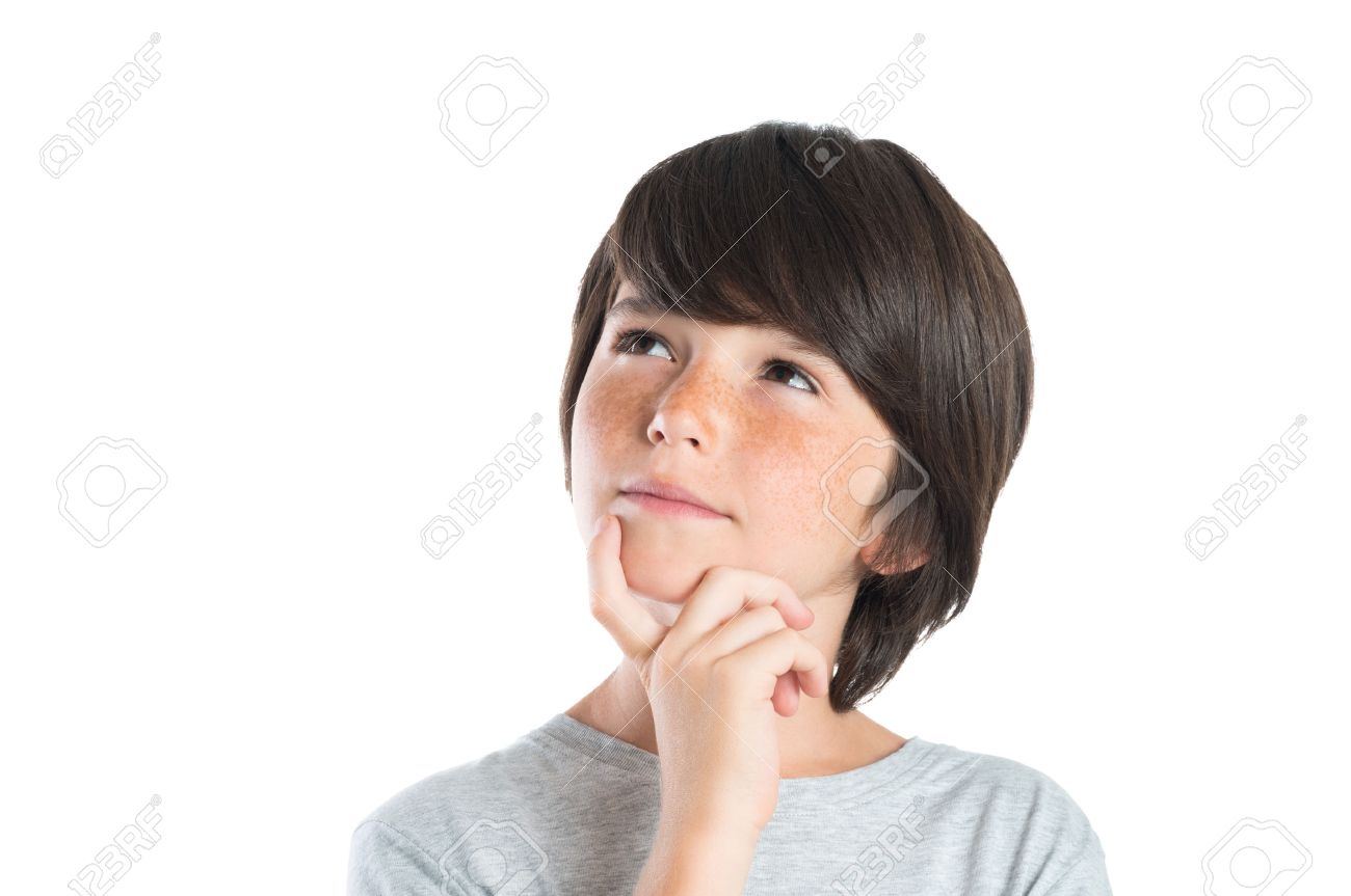 portrait of cute boy thinking isolated on white background closeup