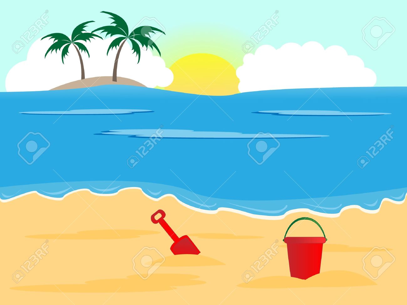 Summer Holiday Background Sunny Beach With Bucket And Spade Stock Vector Summer Holiday Background Sunny Beach With Bucket And Spade Stock Vector