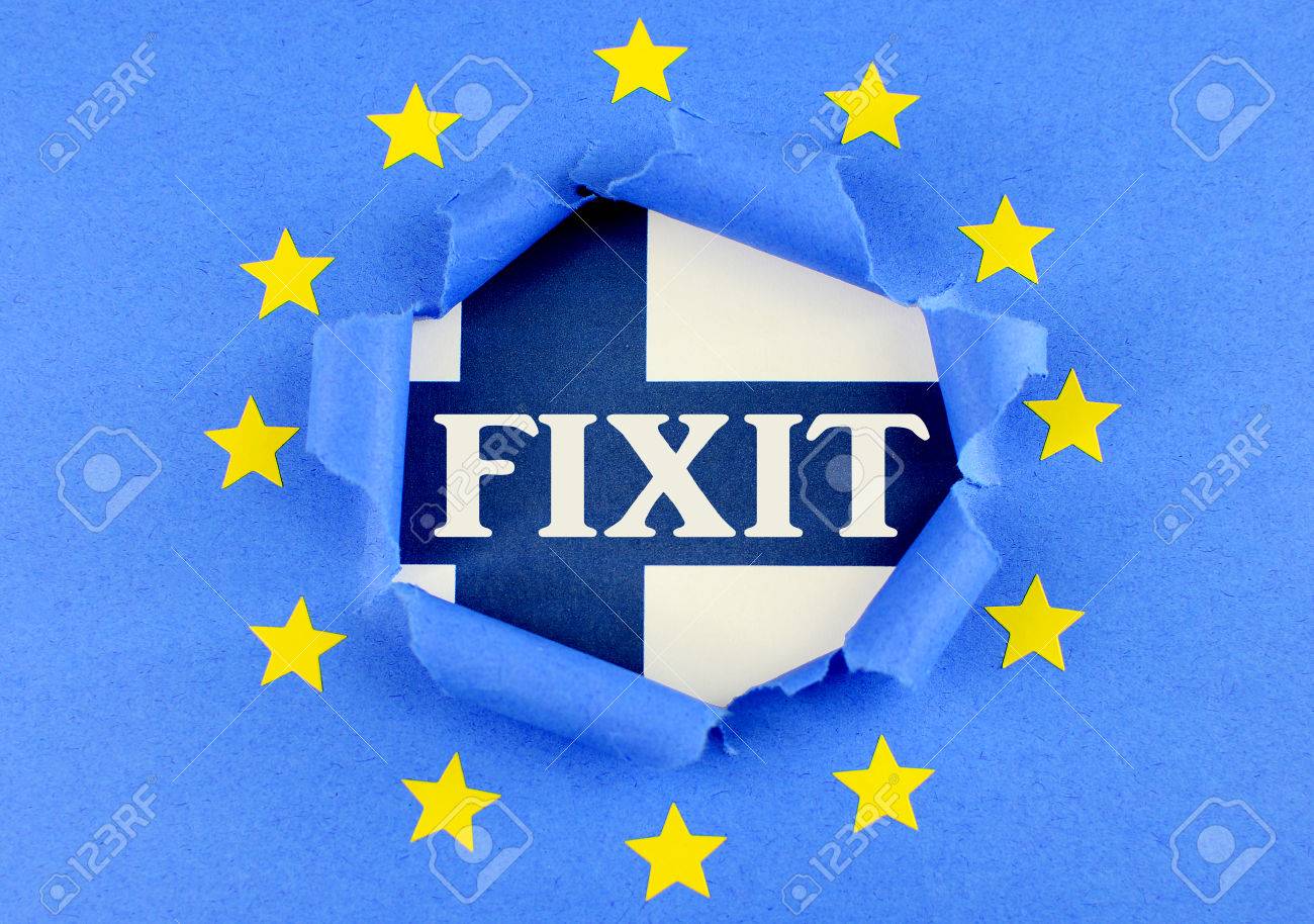 Die Finnische Blau Weisse Fahne Hinter Dem Aufgerissen Mitte Der Blauen Flagge Der Europaischen Union Mit Goldenen Sternen Die Eu Flagge Ist Sehr Tonpapier Texturiert Fixit Text Hinzugefugt Lizenzfreie Fotos Bilder Und Stock Fotografie