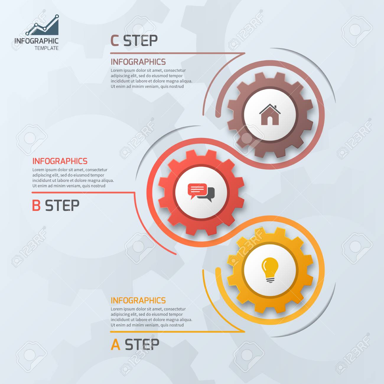 timeline business infographic template with gears cogwheels 3 steps processes parts options