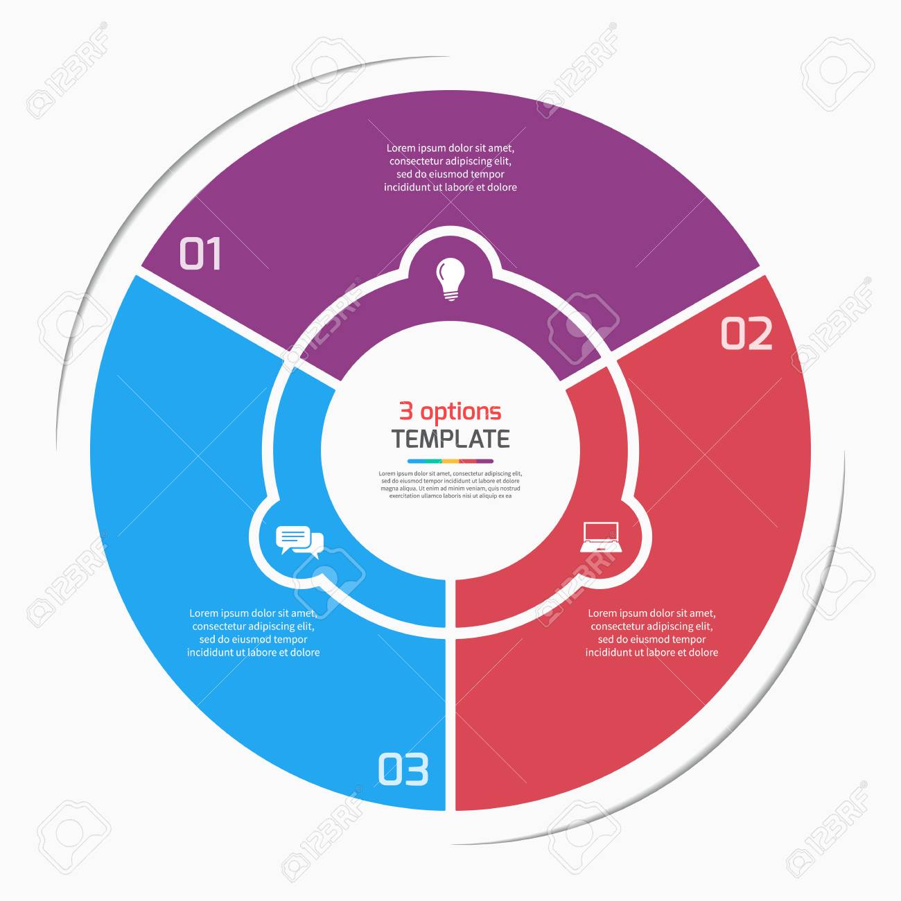 flat style pie chart circle infographic template with 3 options steps parts processes