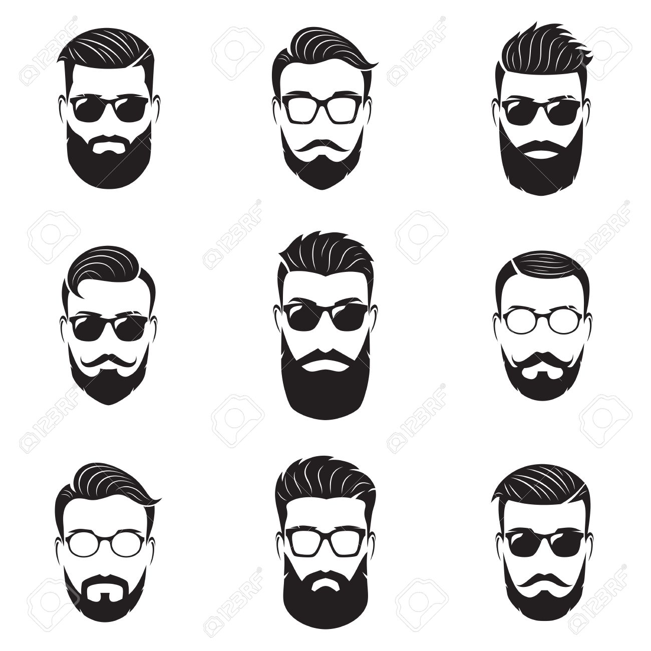 Set Of Vector Bearded Men Faces Hipsters With Different Haircuts