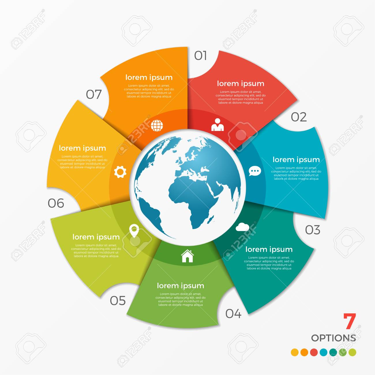 circle chart infographic template with globe 7 options for annual report infographic template
