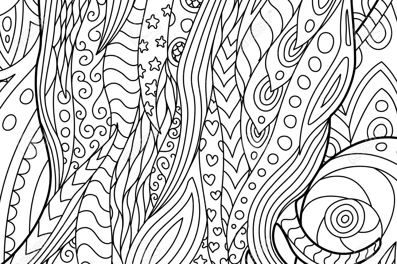 Beautiful Waving Abstract Coloring Book Page With Hearts And Beautiful Waving Abstract Coloring Book Page With Hearts And