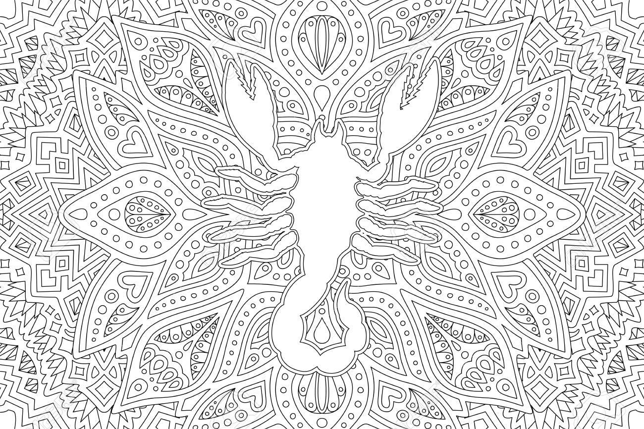 Black And White Coloring Book Page With White Scorpion Silhouette On Beautiful Linear Background Royalty Free Cliparts Vectors And Stock Illustration Image 128409602