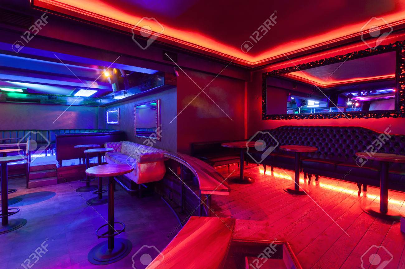 Interior of a nightclub with neon lights stock photo 32792688