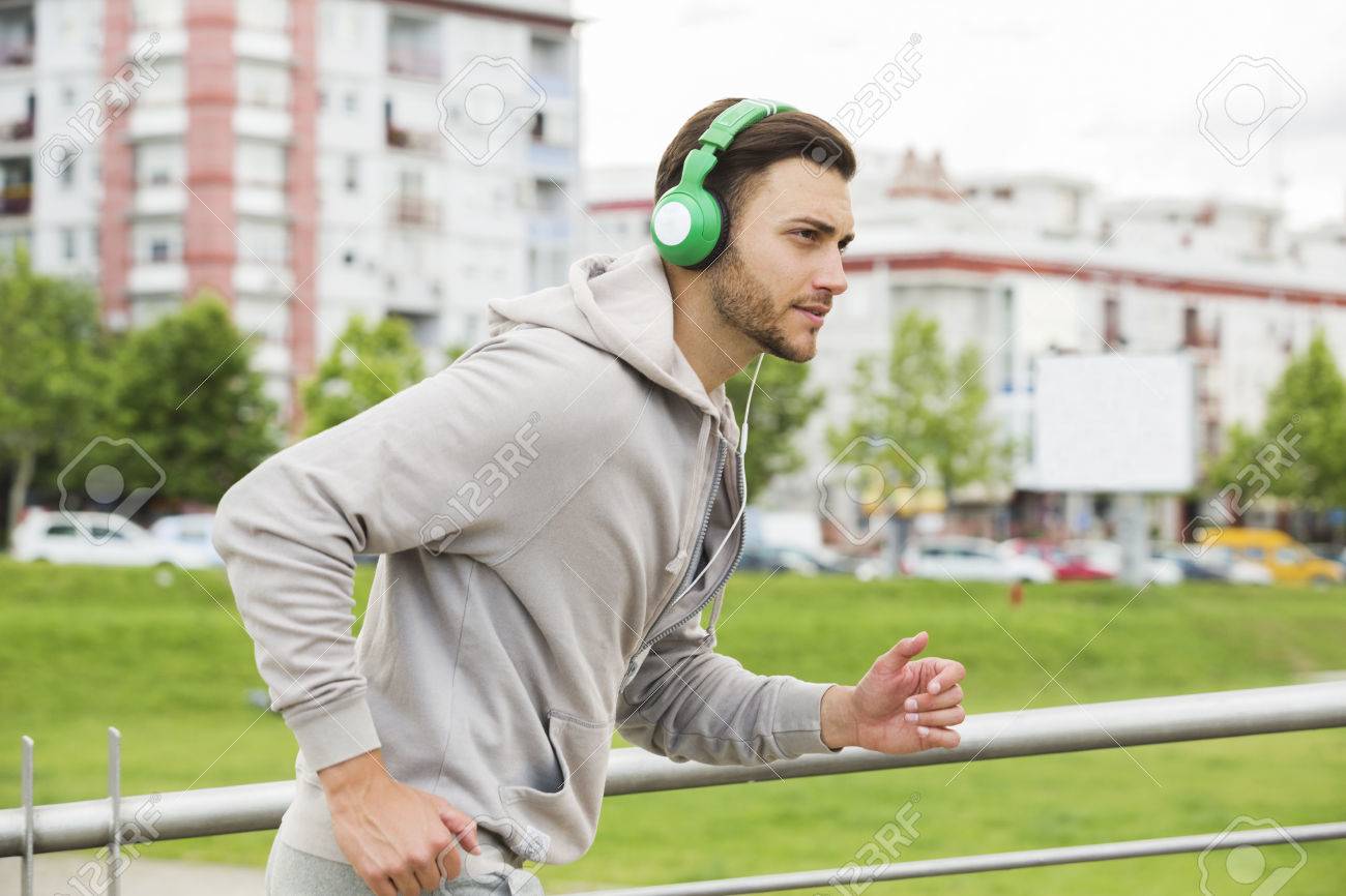 Headphones Jogging Outdoors Stock Photo 