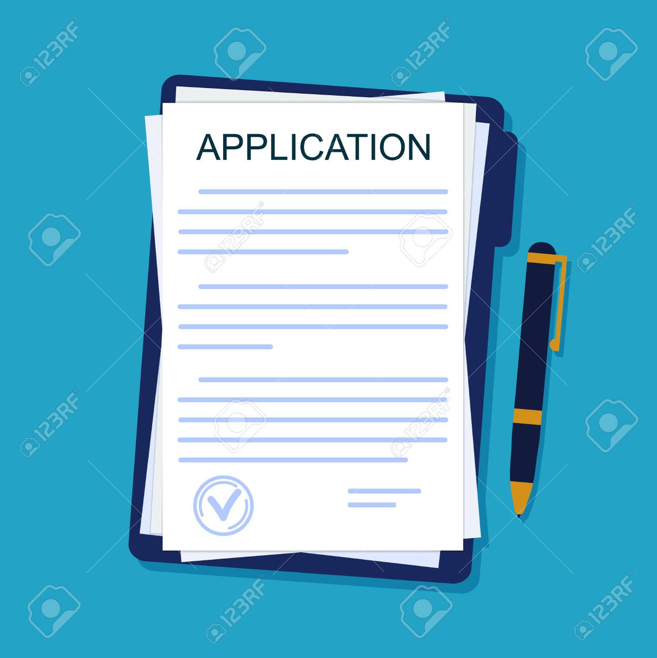 Application Form On Paper Sheet Agreement Document In Flat Style Legal Paperwork With Pen On Isolated Background Insurance Concept Apply On Job Report Submission Design Vector Illustration Royalty Free Cliparts Vectors And