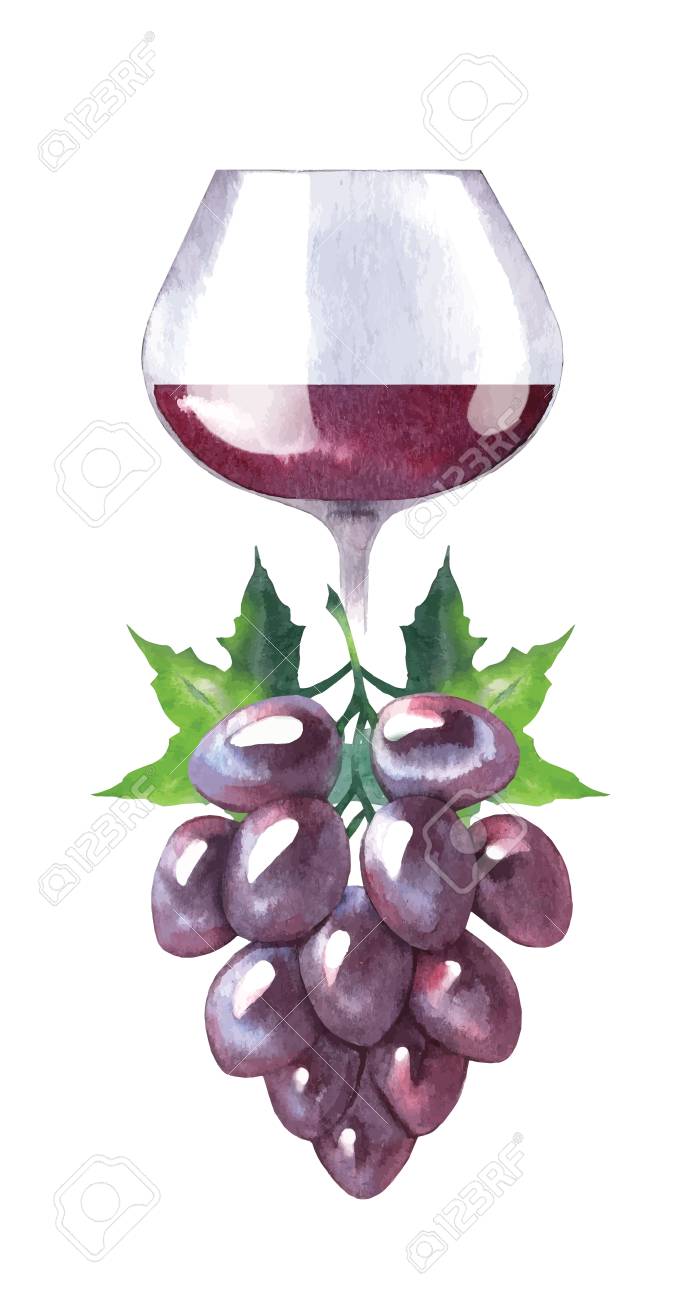 ワインとブドウの水彩画