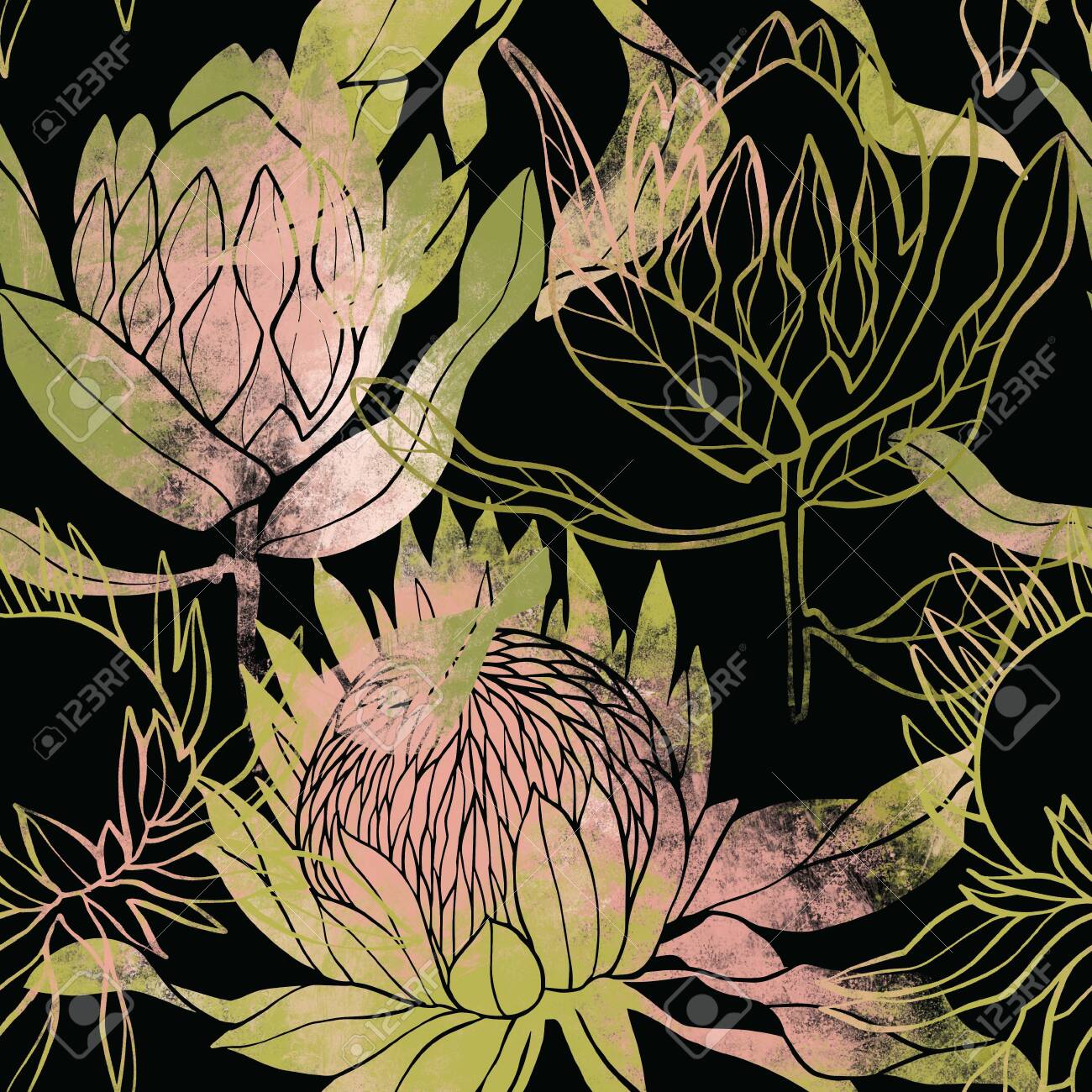 Pink and green flower pattern. Protea flower. Hand drawn illustration. Fullsize raster artwork. - 132391940 Pink and green flower pattern. Protea flower. Hand drawn illustration. Fullsize raster artwork. - 132391940