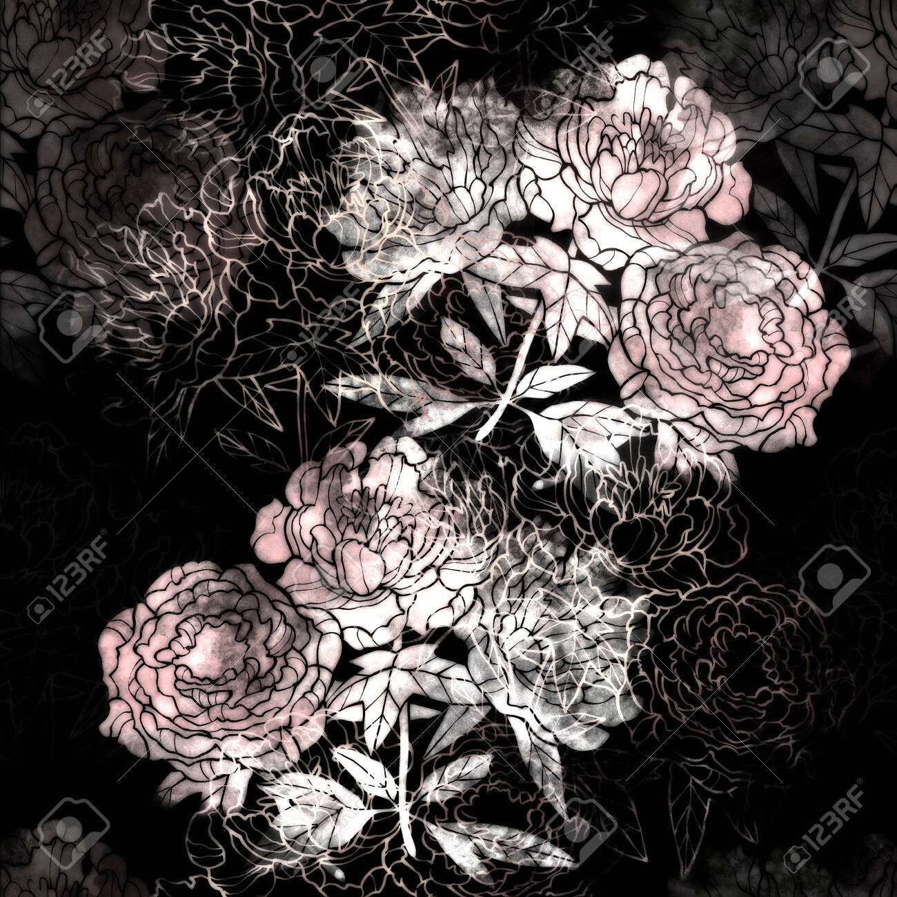Pink and Red flower raster pattern. Hand drawn illustration on white or black background. - 132391948 Pink and Red flower raster pattern. Hand drawn illustration on white or black background. - 132391948