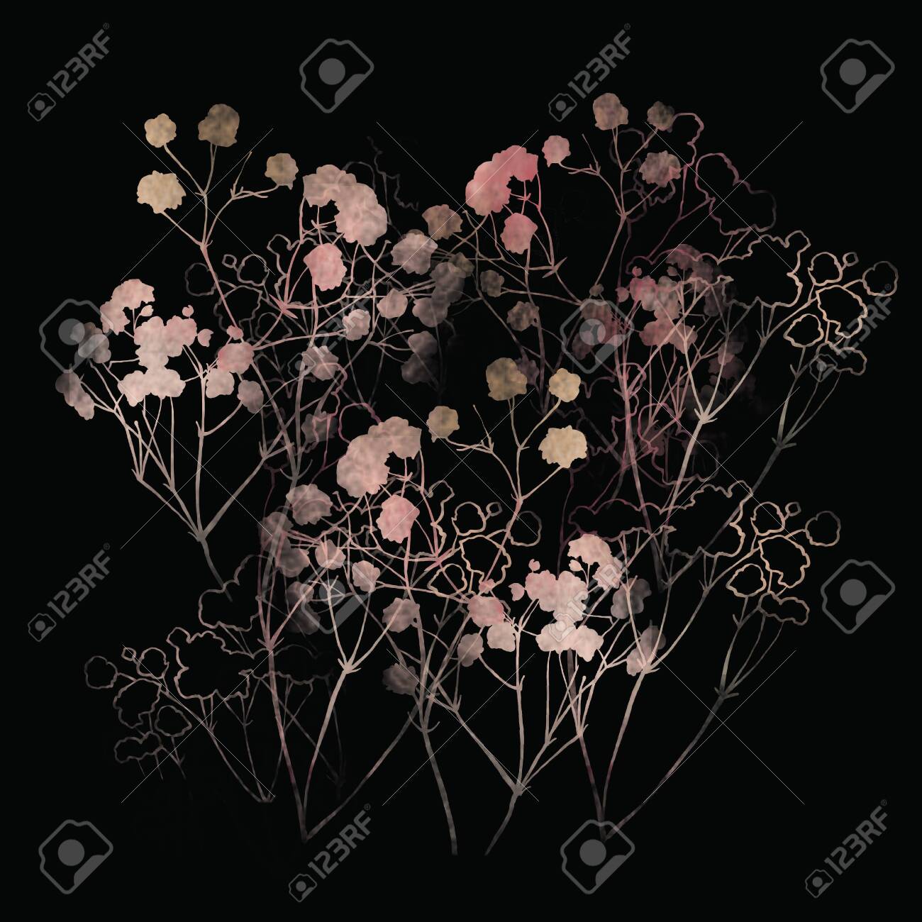 Floral pattern, pink small flowers brunshes. on white gray and black background. Hand drawn illustration, texture pattern. - 132731750 Floral pattern, pink small flowers brunshes. on white gray and black background. Hand drawn illustration, texture pattern. - 132731750