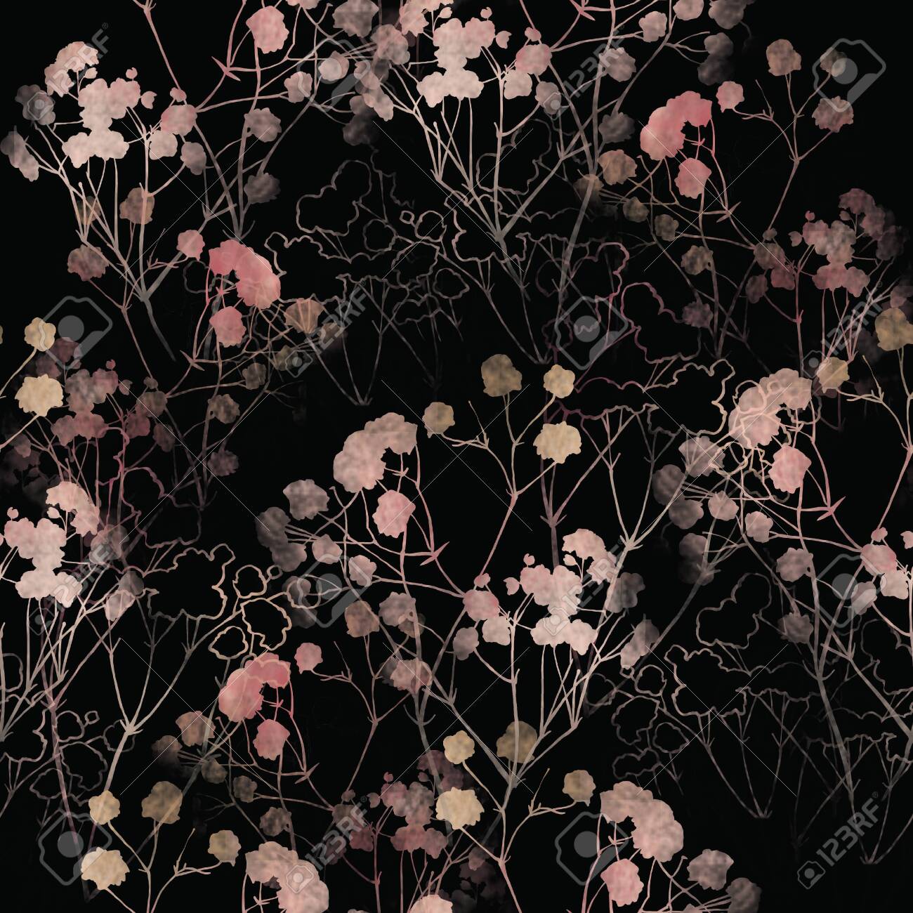 Floral pattern, pink small flowers brunshes. on white gray and black background. Hand drawn illustration, texture pattern. - 132720106 Floral pattern, pink small flowers brunshes. on white gray and black background. Hand drawn illustration, texture pattern. - 132720106