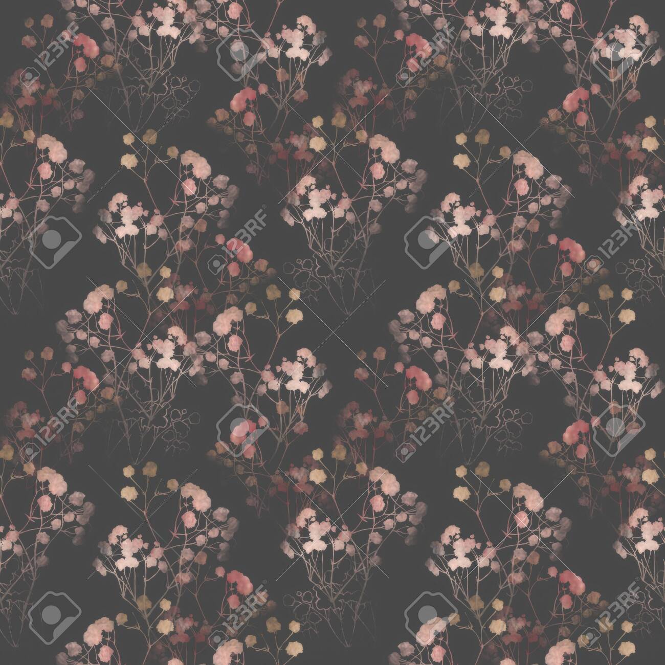 Floral pattern, pink small flowers brunshes. on white gray and black background. Hand drawn illustration, texture pattern. - 132732190 Floral pattern, pink small flowers brunshes. on white gray and black background. Hand drawn illustration, texture pattern. - 132732190