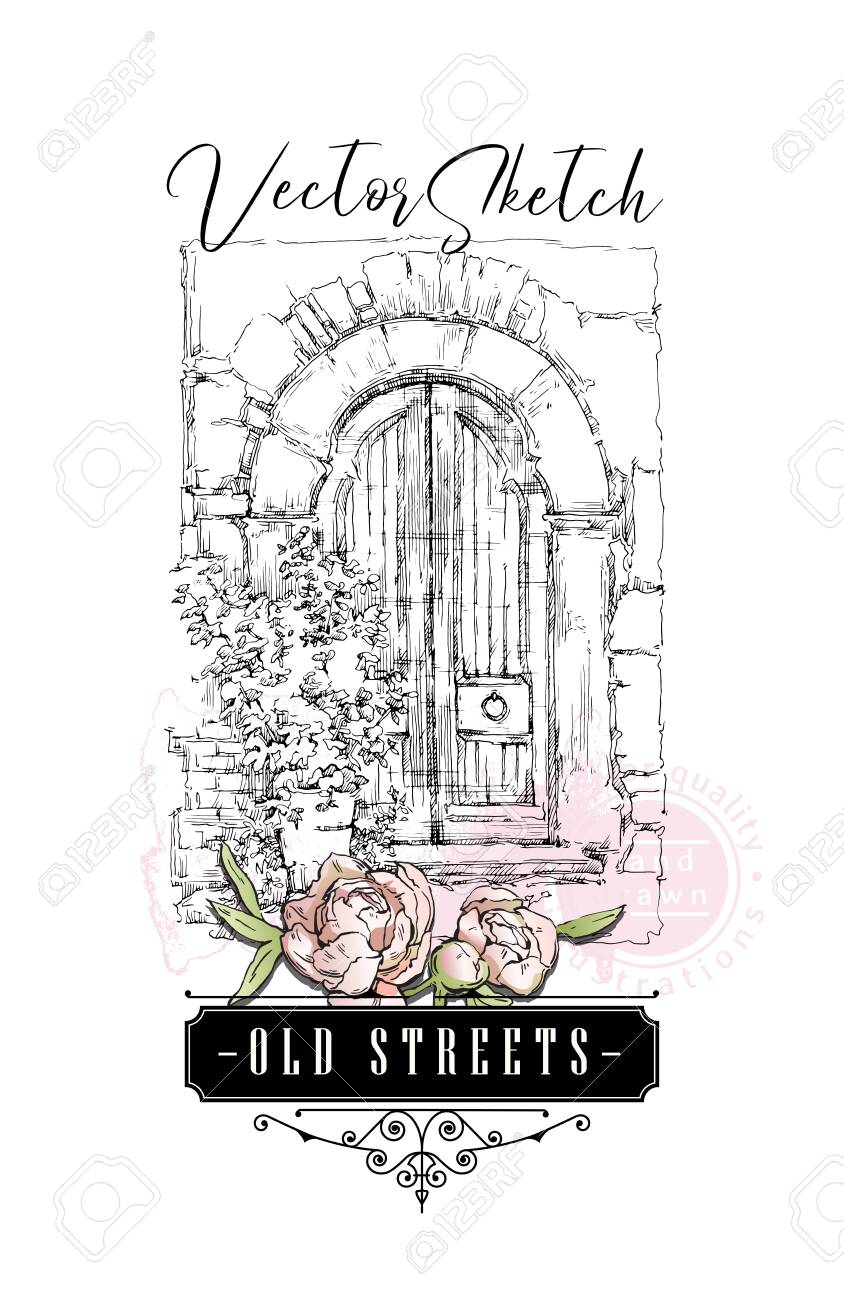 Hand drawing vector sketch of old street view. Shabby chic sharming drawings. Scrapbooking kit. European archtecture elements. Windows, doors, old stone walls. Rural landscape. Small town houses. Ink and pen isolated drawings. - 142220050 Hand drawing vector sketch of old street view. Shabby chic sharming drawings. Scrapbooking kit. European archtecture elements. Windows, doors, old stone walls. Rural landscape. Small town houses. Ink and pen isolated drawings. - 142220050
