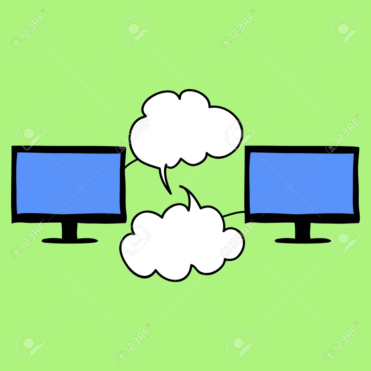 落書きスタイル オンライン チャット イメージ チャット雲と 2 台のコンピューターのイラスト素材 ベクタ Image