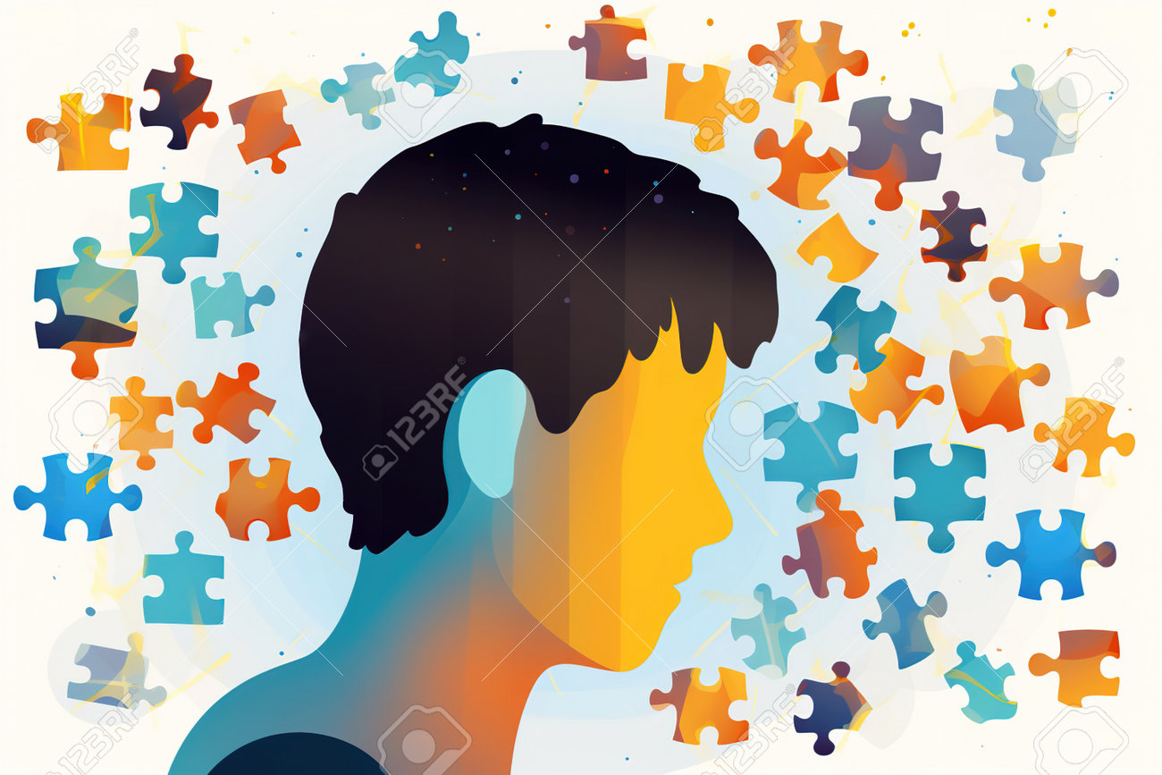 Flat Design Illustration Banner Representing Autism. Side View Head Of  Person With Puzzle Pieces Over White Background. Generative AI Stock Photo,  Picture and Royalty Free Image. Image 203816396.