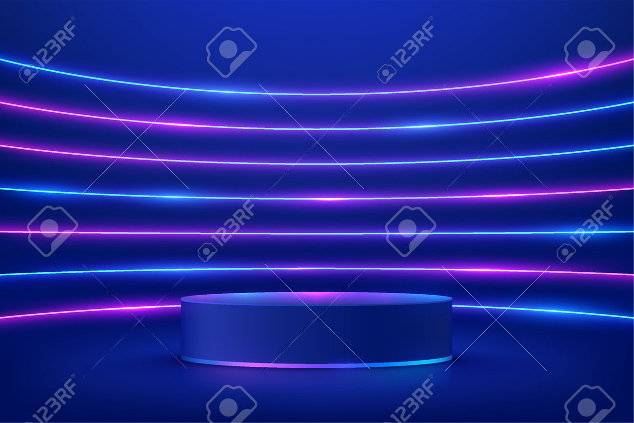 Podio de cilindro 3d azul oscuro realista. habitación abstracta de ciencia ficción iluminación horizontal iluminada con lámparas de neón. forma geométrica de representación vectorial, visualización del producto. escena futurista. - 192505508 Podio de cilindro 3d azul oscuro realista. habitación abstracta de ciencia ficción iluminación horizontal iluminada con lámparas de neón. forma geométrica de representación vectorial, visualización del producto. escena futurista. - 192505508