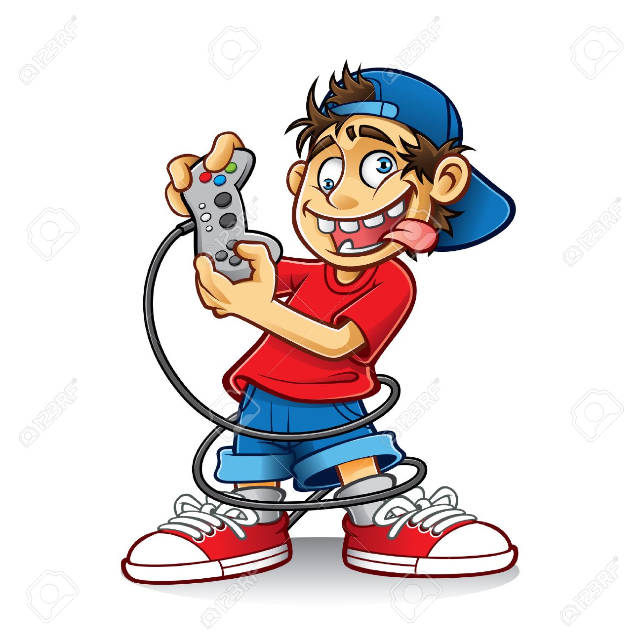 狂気の目と舌を出しているとゲームをプレイしている漫画若い人 のイラスト素材 ベクタ Image