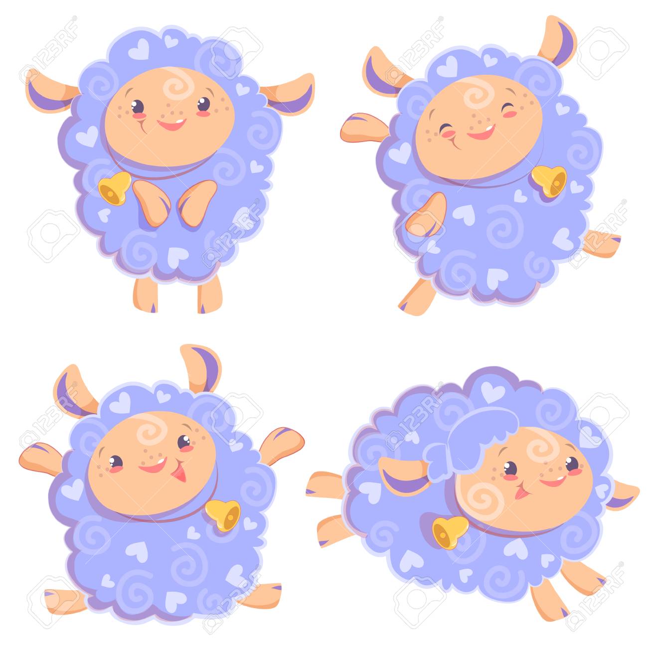 子供や赤ちゃんのためのベルと一緒に滞在してジャンプを実行しているかわいい面白いピンクの女の子の羊のベクトルイラストクリップアートセット 壁のデザイン ステッカー アート の写真素材 画像素材 Image