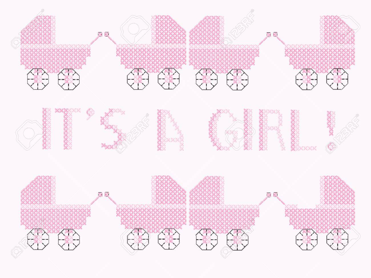 ベクトルの言葉でピンクのベビーカーを示す十字のステッチ デザイン イラスト のイラスト素材 ベクタ Image