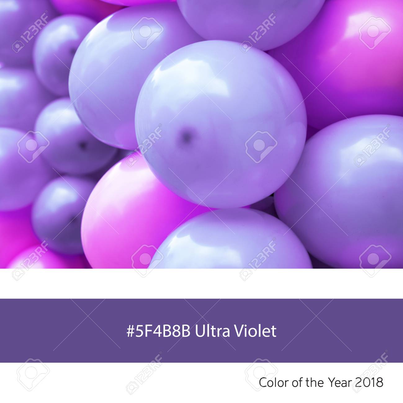 2018 년 트렌드 색상의 예로 보라색 및 분홍색 풍선, 해당 색상 헥스와 울트라 바이올렛. 로열티 무료 사진, 그림, 이미지 그리고 스톡포토그래피. Image 92129527.