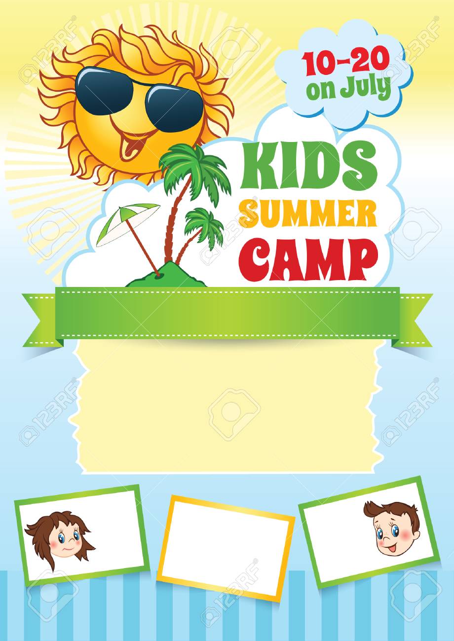 summer kid camp template vector background with cartoon smiling