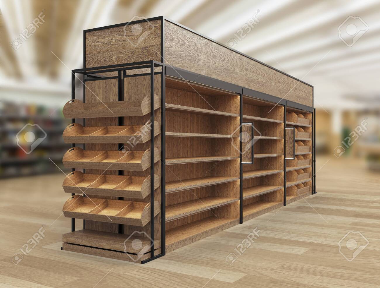 Download Bakery And Bread Display Wood Slat Gondola Shelving Kit 3d Rendering Stock Photo Picture And Royalty Free Image Image 148949274