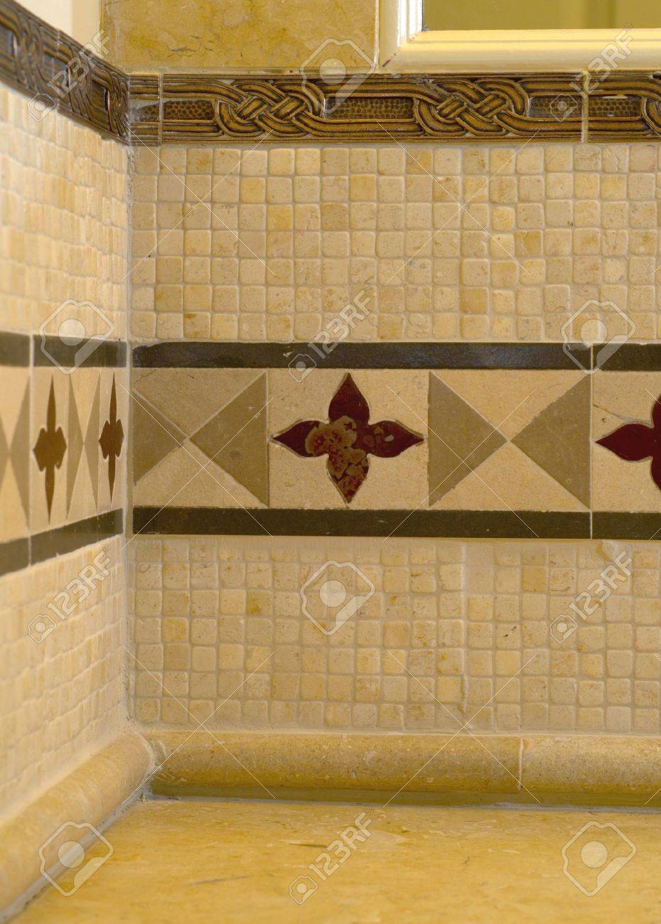 Detail Custom Tile Work Bathroom Backsplash Wall Stock Photo - Detail Custom Tile Work Bathroom Backsplash Wall Stock Photo
