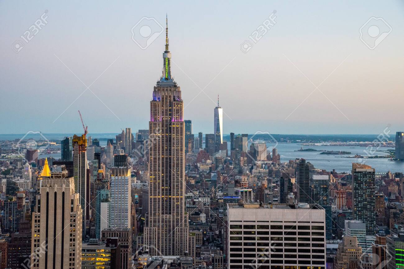 NYCs lower Manhattan with the Empire State Building from a high up point in Midtown during 2019 pride - 128749569 NYCs lower Manhattan with the Empire State Building from a high up point in Midtown during 2019 pride - 128749569