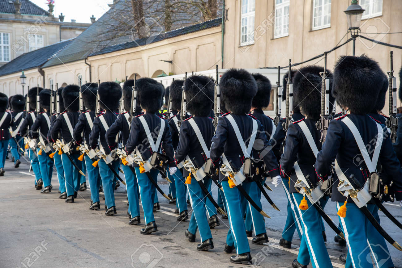 Copenhagen Royal Life Guards marching to Amalienborg Palace - 154544673 Copenhagen Royal Life Guards marching to Amalienborg Palace - 154544673