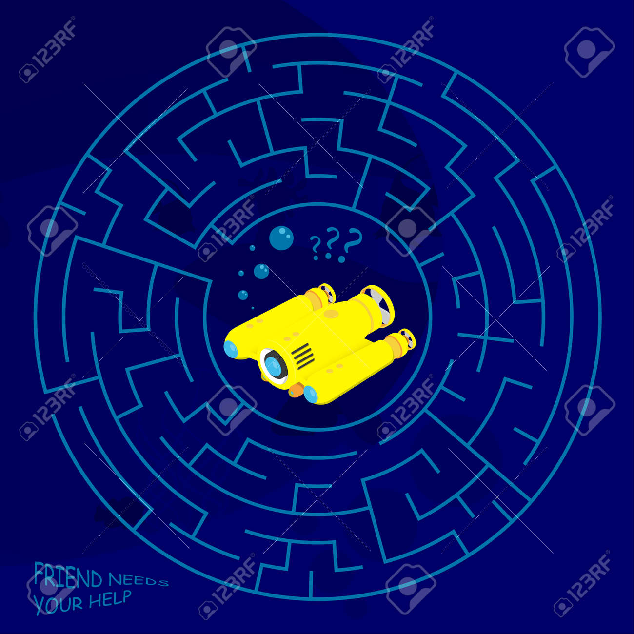 Children games. Round maze, labyrinth. Underwater adventures. Yellow exploration underwater robot is lost in maze. Vector - 168969283 Children games. Round maze, labyrinth. Underwater adventures. Yellow exploration underwater robot is lost in maze. Vector - 168969283