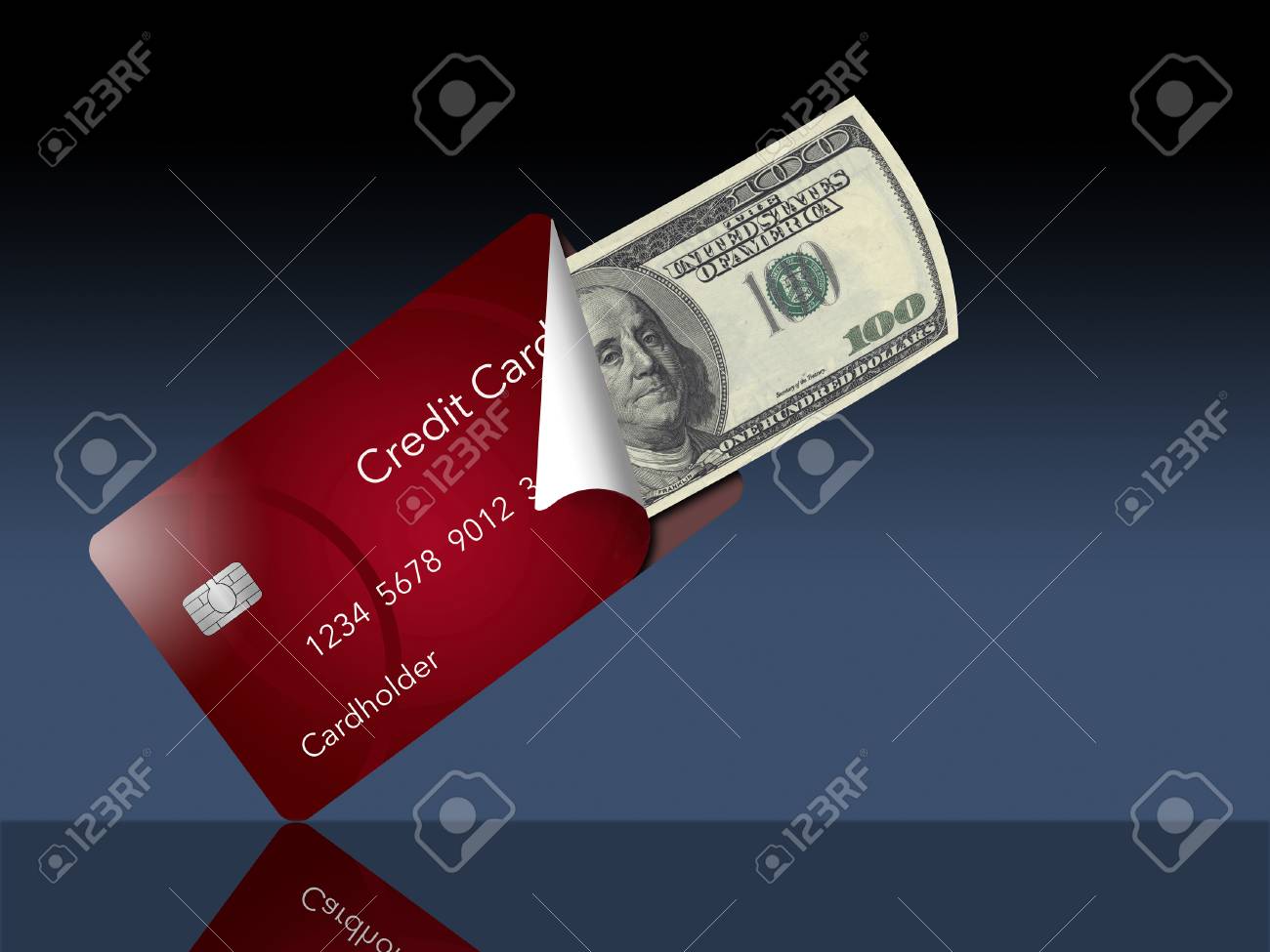 クレジットカードを剥がして、100ドル札を中に入れます。これは、現金の代わりにカードを携帯すること、またはカードと現金に関するその他の議論を示しています。これはイラストです。の写真素材・画像素材  Image 116279334