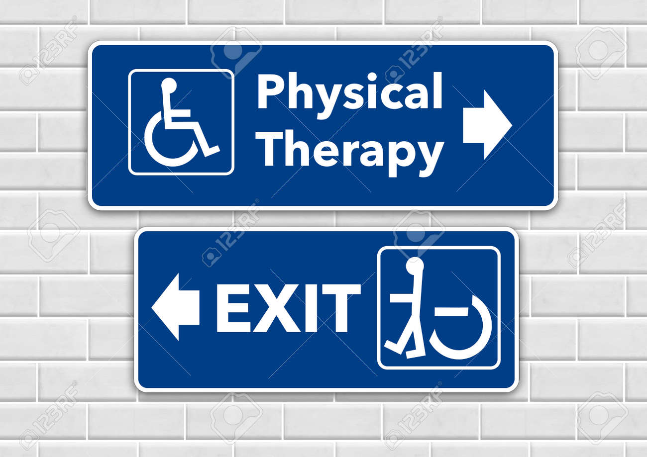 A wheelchair accessible sign points the way to physical therapy and pointing the other way toward the exit is a person standing in a wheelchair sign. - 155234495 A wheelchair accessible sign points the way to physical therapy and pointing the other way toward the exit is a person standing in a wheelchair sign. - 155234495