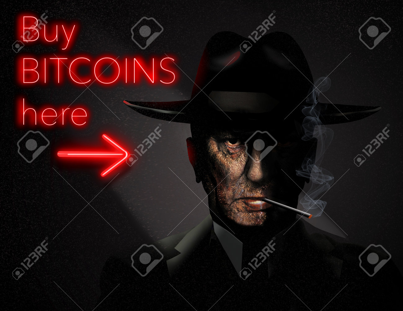 네온 사인은 비트코인에 대한 이 3D 그림에서 불길해 보이고 신뢰할 수 없는 출처로부터 비트코인을 구입할 수 있음을 나타냅니다. 로열티  무료 사진, 그림, 이미지 그리고 스톡포토그래피. Image 197126006