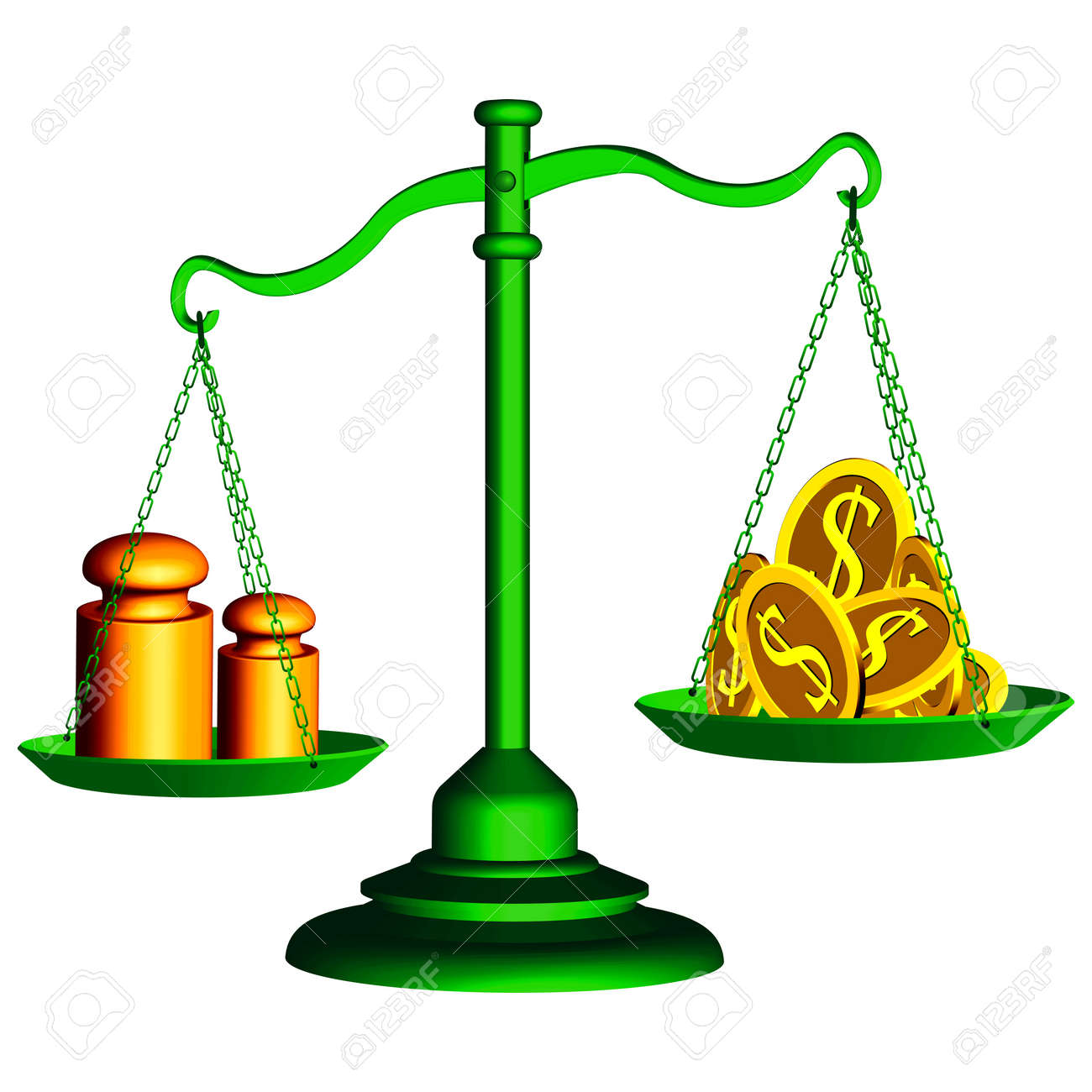 green scale of justice with money and weights over white background