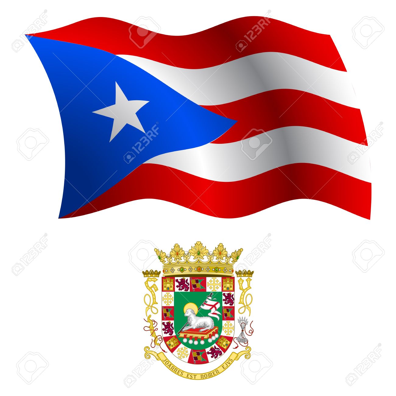 Puerto Rico Wavy Flag And Coat Of Arm Against White Background