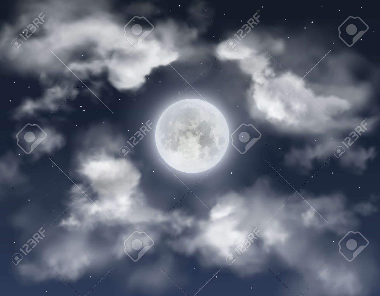 Night Sky Background With Full Moon Clouds And Shining Stars