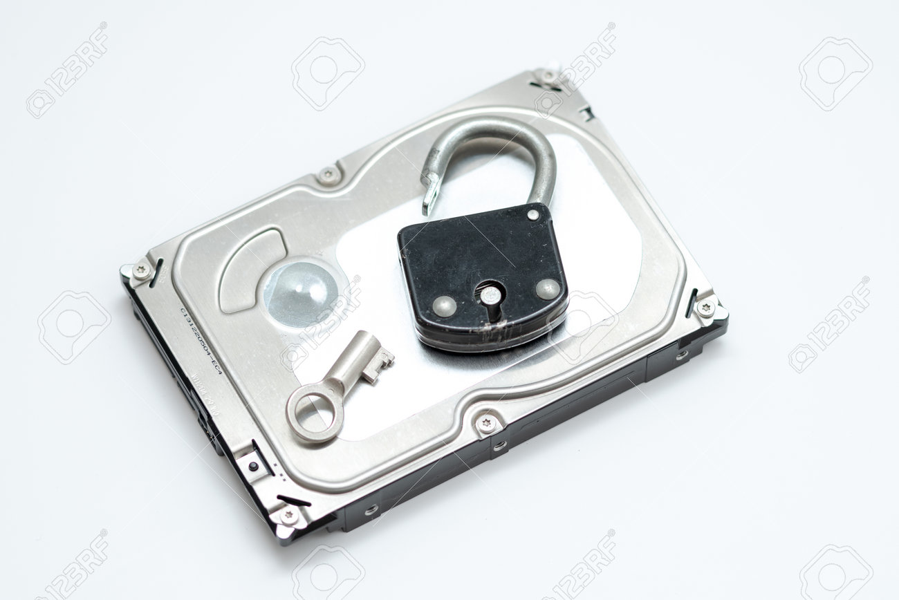 Computer hard disks and open metal padlock symbolizing concept for encrypted data, cyber security on white background - 162314754 Computer hard disks and open metal padlock symbolizing concept for encrypted data, cyber security on white background - 162314754