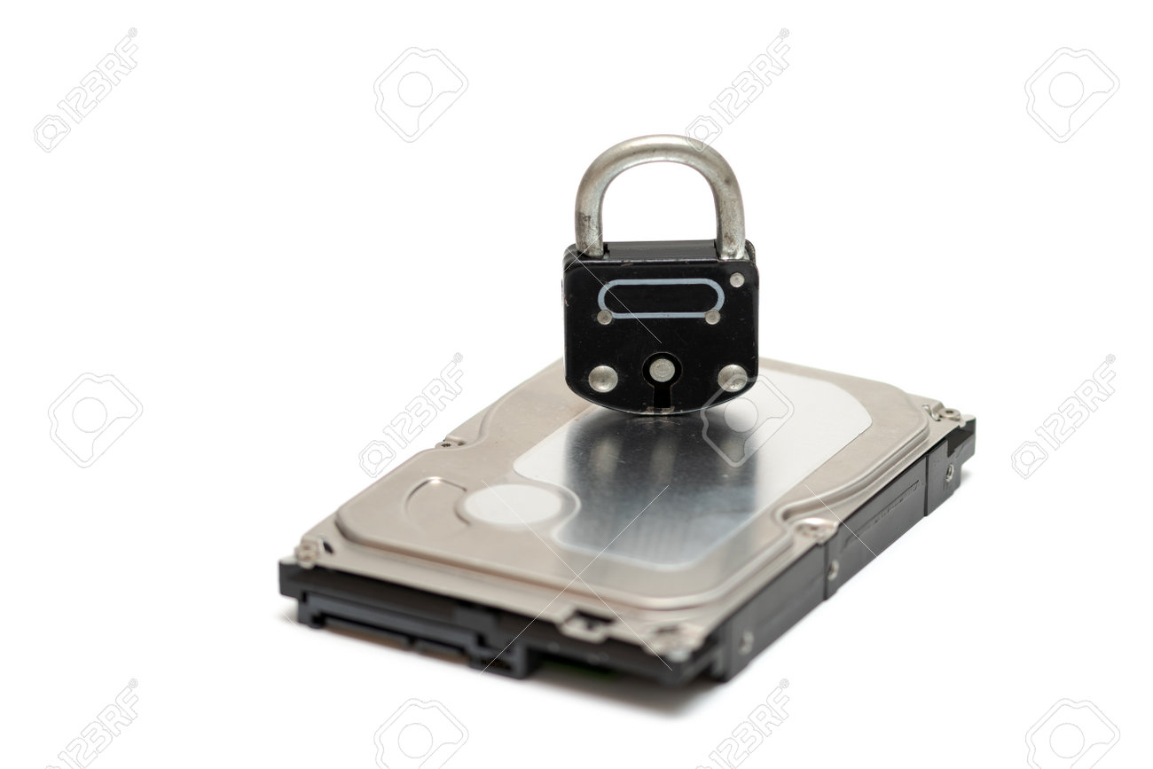 Computer hard disk and metal padlock symbolizing concept for encrypted data, cyber security - 162314762 Computer hard disk and metal padlock symbolizing concept for encrypted data, cyber security - 162314762