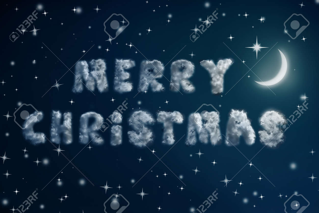night sky with stars and moon and clouds shaps merry christmas