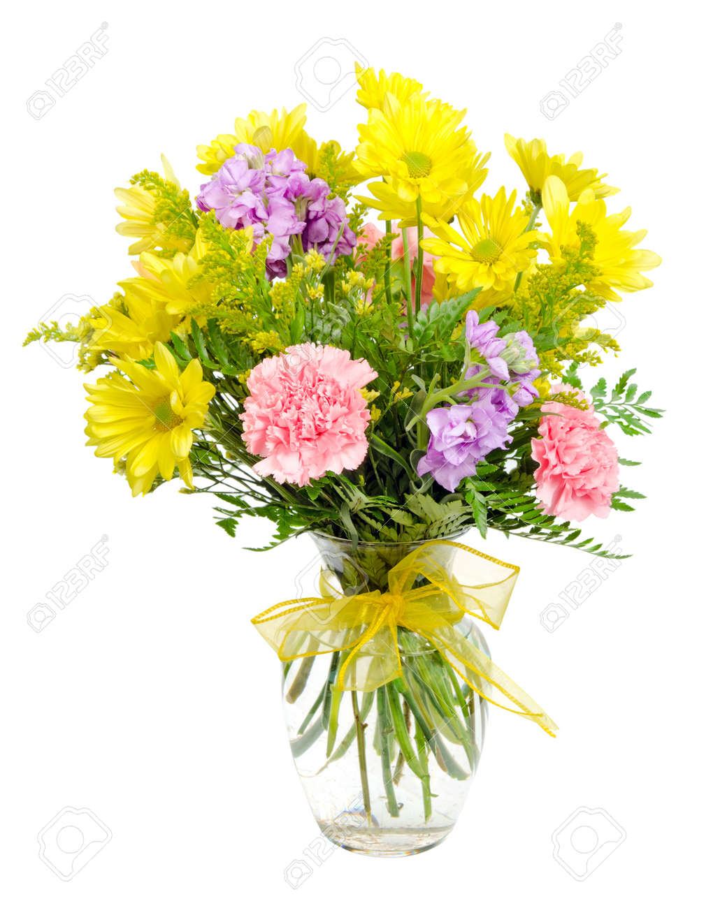 colorful flower arrangement centerpiece in glass vase withcolorful flower arrangement centerpiece in glass vase with carnations, daisies isolated on white stock photo